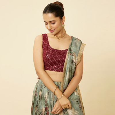 Sage Green Floral Printed Lehenga