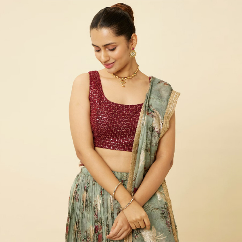 Sage Green Floral Printed Lehenga