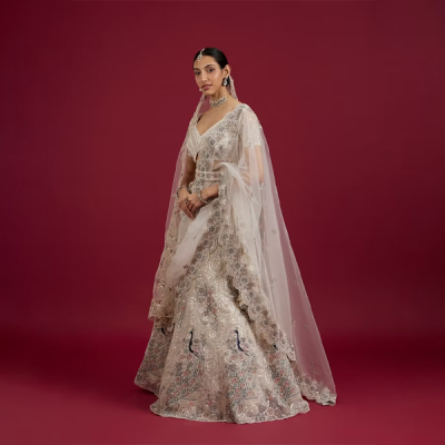 Beige Cream Sitara Embroidered Bridal Lehenga with Stone Work
