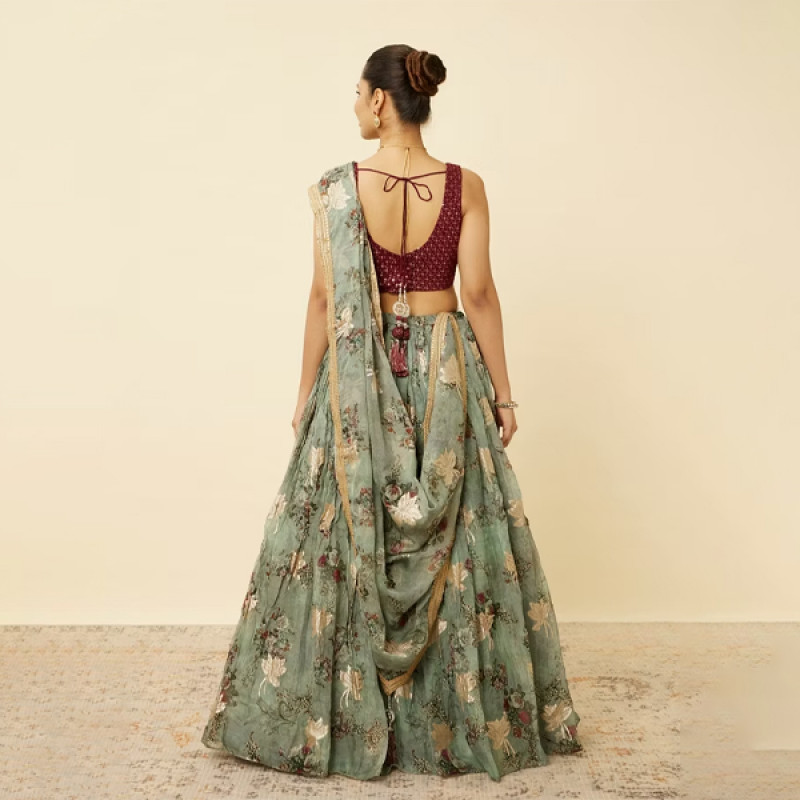 Sage Green Floral Printed Lehenga