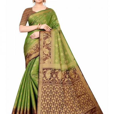 Olive Green & Brown Woven Design Zari Pure Silk Kanjeevaram Saree