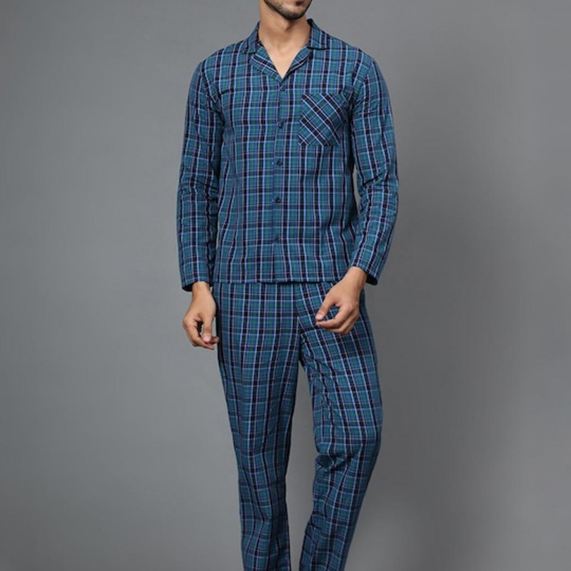 Men Blue Checked Night suit