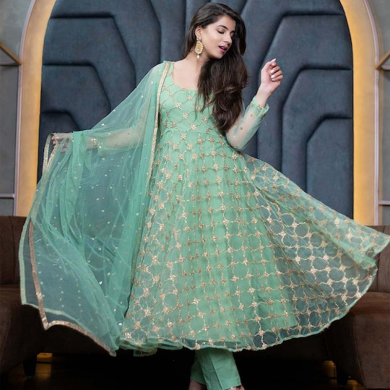 Green and gold-toned embroidered semi-stitched dress material 
