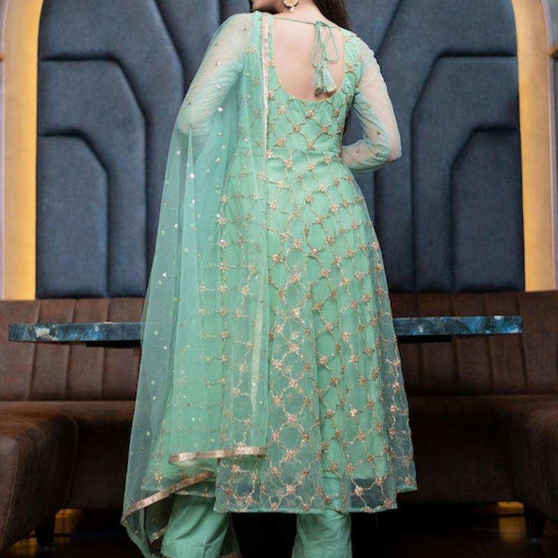 Green and gold-toned embroidered semi-stitched dress material 